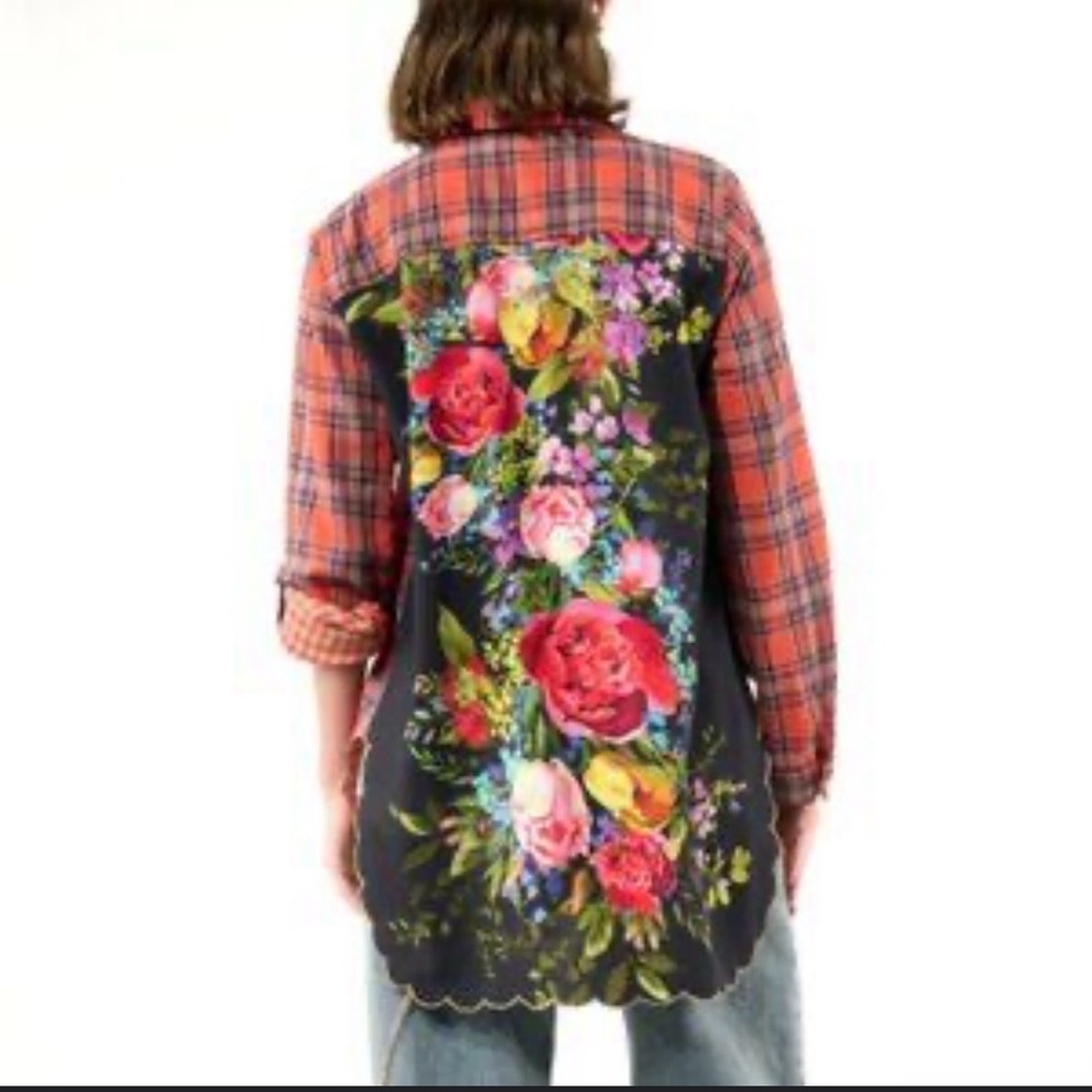 ARATTA SILENT JOURNEY PLAID AND FLORAL BELL SLEEVE MIX MEDIA SHIRT